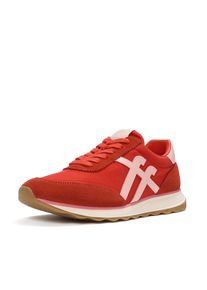Keilsneaker fitflop "RETRO-Q FF FABRIC/SUEDE SNEAKERS", Damen, Gr. 42, rot, Leder, Nylon, Veloursleder, Schuhe Keilsneaker, Schn&uuml;rschuh, Freizeitschuh, Halbschuh mit Kontrastbesatz