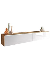 P & B Lowboard, Eiche Wotan, Wei&szlig; Hochglanz, Kunststoff, kaltwei&szlig;, 180x30x33 cm, Fsc, Made in EU, stehend, h&auml;ngend, Beleuchtung, in verschiedenen Holzdekoren erh&auml;ltlich, Wohnzimmer, TV M&ouml;bel, Lowboards, Lowboards stehend