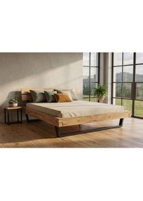 Mid.you Balkenbett, Naturfarben, Schwarz, Holz, Metall, Akazie, Hartholz, Holz, H&ouml;he ca. 55 cm, 180x200 cm, Kingsize, sichtbare Massivholzteile, Holzm&ouml;bel, Holzbetten, Balkenbetten
