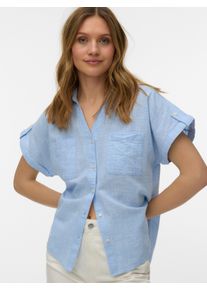 V&eacute;ro Moda Kurzarmbluse VERO MODA "VMTHILDE SS SHIRT WVN NOOS", Damen, Gr. S, blau (allure checks:snow wei&szlig;), Web, Obermaterial: 100% Baumwolle, unifarben, normal, V-Ausschnitt, Blusen Kurzarmbluse, Baumwolle, Kurzarm mit Riegel, hinten etwas l&auml;nger als vorn