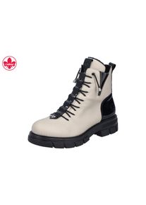 Schn&uuml;rboots Rieker, Damen, Gr. 42, wei&szlig; (creme, schwarz), Lacklederimitat, Lederimitat, Schuhe Schn&uuml;rboots, Stiefelette mit Gummizug-Schn&uuml;rung und Lack-Details