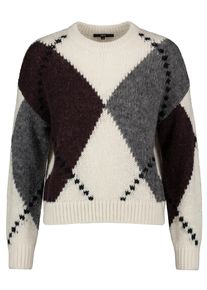 Rundhalspullover Zero "Grobstrick-Pullover mit Intarsie", Damen, Gr. 44, bunt (patch cream, braun), Obermaterial: 45% Polyamid PA. 38% Polyacryl PAN. 11% Wolle WO. 6% Alpaka WP., Pullover Rundhalspullover
