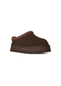 UGG Australia Slipper UGG "W TAZZ II", Damen, Gr. 8 (39), braun (dunkelbraun), Textil, Veloursleder, Schuhe Slipper, Pantoffel, Schlupfschuh, Mule mit Textilborde im Ethno-Look