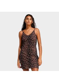 Shirtkleid adidas Sportswear "SEASONAL ESSENTIALS MIT LEOPARDENPRINT UND 3-STREIFEN", Damen, Gr. XS, N-Gr, braun (multicolor, earth strata), Obermaterial: 90% Baumwolle, 10% Elasthan, Kleider Shirtkleid