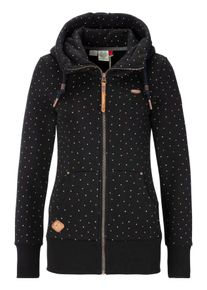 Kapuzensweatjacke Ragwear Gr. M, schwarz, Sweatjacken, Damen, M, Sweatware, Obermaterial: 100% Baumwolle, bedruckt, gepunktet, kontrastfarbene Details, mehrfarbig, Kapuzensweatjacke, figurbetont mit gepunktetem Allover-Print und gro&szlig;er Kapuze
