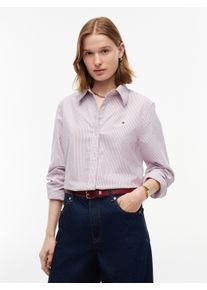 Hemdbluse TOMMY HILFIGER "OXFORD RELAXED FIT SHIRT mit Hemdblusenkragen und Stickerei", Damen, Gr. 40, rosa (classic ithaca stp burgundy), Web, Obermaterial: 100% Baumwolle, gestreift, relaxed fit h&uuml;ftlang, &Auml;rmel mit &Auml;rmelschlitz 1-Knopf-Manschette, Blusen Hemdbluse, Baumwolle, relaxed fit