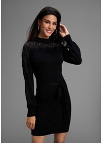 Strickkleid Laura Scott, Damen, Gr. 44, N-Gr, schwarz, Strick, Obermaterial: 70% Viskose, 30% Polyamid, gebl&uuml;mt, unifarben, figurumspielend mini, hoch geschlossener Ausschnitt, Kleider Strickkleid, in Mini-L&auml;nge mit edler Spitze