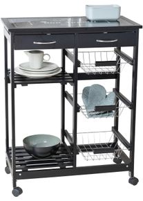 Servierwagen Wenko "Modell Bon Appetit", schwarz (gestell: schwarz, k&ouml;rbe: silberfarben gl&auml;nzend, rollen: schwarz), B:67cm H:86,5cm, MDF, Metall, Polypropylen, Rollwagen, Servierwagen, K&uuml;chenwagen mit 2 Ablagen, 3 K&ouml;rben und 2 Schubladen