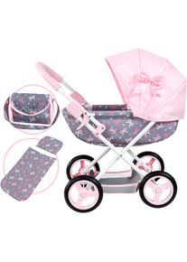 Puppenwagen BAYER "Cosy", rosa (grau, rosa mit schleifen), Puppenwagen, KinderB:34cm H:58cm T:63cm, Kunststoff, Metall, Stoff, Puppenwagen, mit Wickeltasche, B:34cm H:58cm T:63cm