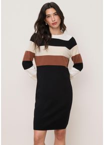 Strickkleid Tamaris "aus angenehmer Viskosemischung", Damen, Gr. 34, N-Gr, beige.schwarz, braun gestreift, Feinstrick, Obermaterial: 50% Viskose, 28% Polyester, 22% Polyamid, gestreift, figurumspielend ca. Mitte Oberschenkel, Rundhals, Raglan&auml;rmel, Kleider Strickkleid, mit modernen Streifen, ideal f&uuml;r die &Uuml;bergangszeit