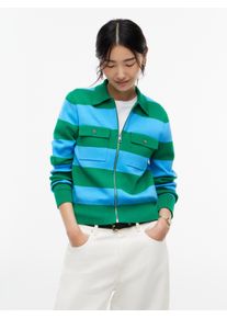 Strickjacke Tommy Hilfiger "COTTON FULL NEEDLE REG JACKET", Damen, Gr. S (36/38), gr&uuml;n (stripe gr&uuml;n, frigid blau), Strick, Obermaterial: 77% Baumwolle, 23% Polyamid, gestreift, normal, Rundhals, Strickjacken Strickjacke, Baumwollmischung