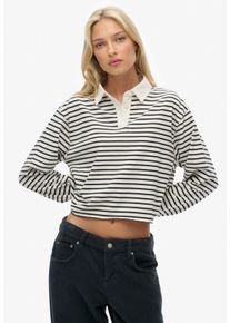 Langarm-Poloshirt Superdry "ATH ESS CROPPED STRIPE RUGBY", Damen, Gr. S, ecru stripe, Single Jersey, Obermaterial: 100% Baumwolle, gestreift, oversize normal, ohne Ausschnitt, Shirts Langarm-Poloshirt, aus Baumwolle und Single Jersey, Oversize-Passform, mit Polokragen