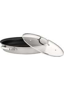 Fischpfanne HENSSLERS "HENSSLERS Edelstahl Fisch- & Schnitzelpfanne, mit Wabenstruktur", silber (silberfarben), B:29cm H:14cm L:40cm &Oslash;:26cm, Pfannen, Fischpfanne, inkl. Glasdeckel und D&uuml;nsteinsatz, Abmessung ca. 38x26 cm