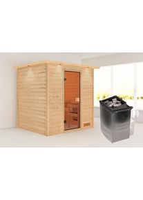 Sauna Karibu "Ricky" mit bronzierter T&uuml;r und Kranz, naturbelassen", braun (naturbelassen), Saunaofen, integrierte Steuerung, 400 kW, Saunen, Sauna, aus hochwertiger nordischer Fichte. 9 kW Ofen und integr. Steuerung