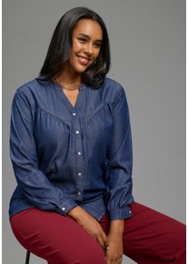 Schlupfbluse LAURA SCOTT CURVE "Gro&szlig;e Gr&ouml;&szlig;en", Damen, Gr. 50, blau (dunkelblau washed), Denim/Jeans, Obermaterial: 100% Baumwolle, unifarben, comfort fit Po-bedeckend, V-Ausschnitt, Krempel&auml;rmel 1-Knopf-Manschette, Blusen Schlupfbluse, mit Krempel&auml;rmel, Comfort Fit, auch in gr&ouml;&szlig;eren Gr&ouml;&szlig;en