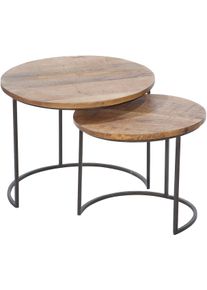 Beistelltisch Gilde "2er Set Beistelltisch rund Camara", braun (naturfarben, schwarz, schwarz, natur), B:55cm H:45cm T:55cm, 50% Mangoholz; 50% Eisen, Tische, Beistelltisch, Wohnzimmertisch, Beistellm&ouml;bel, Couchtisch, Dekotisch, Tischplatte