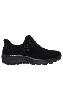 Slip-On Sneaker Skechers "EASY GOING-FLORAL MOMENT", Damen, Gr. 41, schwarz (schwarz unifarben), Veloursleder, Schuhe Slip-On Sneaker, Schlupfschuh, Halbschuh, Freizeitschuh mit Blumenmotiv seitlich