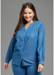 Schlupfbluse LAURA SCOTT CURVE "Gro&szlig;e Gr&ouml;&szlig;en", Damen, Gr. 42, blau (blau washed), Denim/Jeans, Obermaterial: 100% Baumwolle, unifarben, comfort fit Po-bedeckend, V-Ausschnitt, Krempel&auml;rmel 1-Knopf-Manschette, Blusen Schlupfbluse, mit Krempel&auml;rmel, Comfort Fit, auch in gr&ouml;&szlig;eren Gr&ouml;&szlig;en