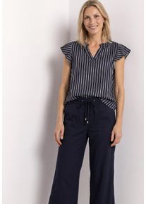 Kurzarmbluse Street One, Damen, Gr. 44, schwarzest blau, Web, Obermaterial: 100% Viskose, gemustert, normal h&uuml;ftbedeckend, V-Ausschnitt, Volant, Blusen Kurzarmbluse, Sommerbluse mit grafischem Muster und Volant-&Auml;rmeln