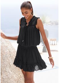 Strandkleid Buffalo "aus weich flie&szlig;ender Crepequalit&auml;t mit R&uuml;schendetails", Damen, Gr. 46, N-Gr, schwarz, Cr&ecirc;pe, Obermaterial: 100% Viskose, unifarben, figurumspielend kurz, Rundhals, R&uuml;schen, Kleider Strandkleid, luftiges Sommerkleid, kurzes Webkleid, Minikleid mit Volants,Festival, Topseller