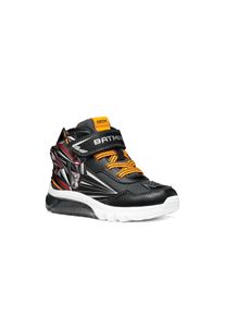 Sneaker Geox "J CIBERDRON BOY - Blinkschuh", Jungen, Gr. 30, schwarz, orange, Lederimitat, Textil, Schuhe Sneaker, Blinky Klettboots mit BATMAN-Motiv, Gr&ouml;&szlig;enschablone zum Download