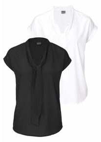 Schluppenbluse Bruno Banani, Damen, Gr. 46, schwarz-wei&szlig; (schwarz und wollwei&szlig; (aus recyceltem polyester)), Web, Obermaterial: 100% Polyester, clean, gepflegt, unifarben, figurumspielend h&uuml;ftlang, abgestepptes B&uuml;ndchen, Blusen Schluppenbluse, 2er Pack, feminin, mit Bindeband