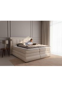Boxspringbett OTTO HOME "MIVVA mit Bettkasten, mit Taschenfederkernmatratze H3, H3/H4 mix, H4", beige, B:204cm L:215cm, Holz teilmassiv, Holzwerkstoff, Spanplatte, Komplettbetten, Boxspringbett, mit Kaltschaum- oder Visco-Topper (bei H4), Komfortliegeh&ouml;he 67cm