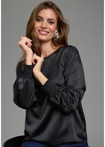 Schlupfbluse Laura Scott, Damen, Gr. 36, schwarz, Web, Obermaterial: 100% Polyester, leicht gl&auml;nzend, figurumspielend h&uuml;ftlang, Rundhals, gesmokt, Blusen Schlupfbluse, Festliche Satin-Bluse, Elastikb&uuml;ndchen am &Auml;rmel, gl&auml;nzender Stoff