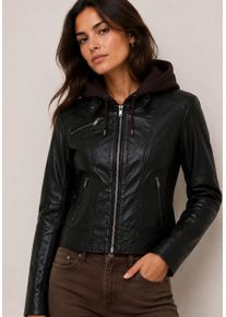 Lederjacke Tamaris, Damen, Gr. 34, schwarz, Obermaterial: 100% Lammnappaleder. Futter: 100% Baumwolle. Kapuze: 65% Baumwolle, 35% Polyester. &Auml;rmelfutter: 100% Polyester, unifarben, sehr figurbetont kurz, Jacken Lederjacke, aus Lammleder, mit abnehmbarer Kapuze, sehr figurbetonte Passform