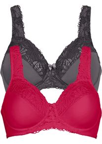 Minimizer-BH bonprix "Minimizer-BH mit gepolsterten Tr&auml;gern (2er Pack)", Damen, Gr. 95, Cup E, rot (granatrot, anthrazit), Obermaterial: 80% Polyamid, 20% Elasthan. Futter: 100% Baumwolle. Spitze: 87% Polyamid, 13% Elasthan, BHs Minimizer-BH, Minimizer-Passform, mit gepolsterten Tr&auml;gern, mit edler Spitze