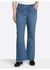 sheego Damen Bootcut-Jeans mit Fransensaum in blue-bleached ,Gr&ouml;&szlig;e 56, Witt, 95% Baumwolle, 3% Polyester, 2% Elasthan