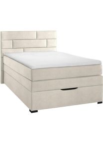 Carryhome Boxspringbett, Creme, Holz, Kiefer, vollmassiv, H2, H&ouml;he ca. 17 cm, 120x200 cm, Bettkasten, gepolstertes Kopfteil, Stoffauswahl, in verschiedenen Gr&ouml;&szlig;en erh&auml;ltlich, Schlafzimmer, Betten, Einzelbetten