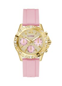 Quarzuhr Guess "Guess-MAJESTY", rosa, Armbanduhren, Damen, Quarzuhr, Armbanduhr, Damenuhr, Silikonarmband, analog, Wochentag, Tag