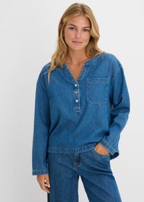 Jeansbluse bonprix, Damen, Gr. 46, blau (blau denim used), Obermaterial: 100% Baumwolle, oversize, Blusen Jeansbluse, Tunika, aus reiner Baumwolle, Oversize-Passform, Langarm