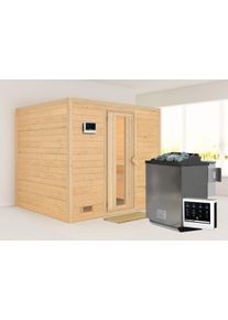 Sauna Karibu "Soraja", beige (naturbelassen), Bio-Kombiofen, externe Steuerung, 9 kW, Saunen, Sauna, 9-kW-Bio-Ofen mit externer Steuerung