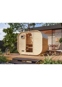 Fasssauna Karibu "Quadro 1 Plus" naturbelassen", beige (naturbelassen), Saunaofen, externe Steuerung, 400 kW, Saunen, Fasssauna, aus hochwertiger nordischer Fichte