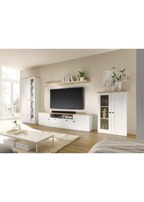 Wohnwand OTTO HOME "Brest, Anbauwand im Landhausstil, Komplettset, Wohnzimmer-Set", wei&szlig; (wei&szlig; matt, eiche ge&ouml;lt dekor), B:387cm H:200cm T:43cm, Holzwerkstoff, Kastenm&ouml;bel-Sets, Wohnwand, enth&auml;lt Vitrinen, Lowboard + Wandboard