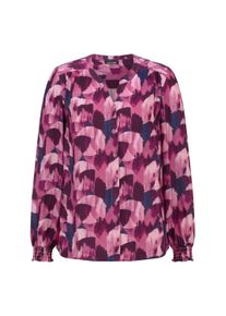 Druckbluse GOLDNER "Kurzgr&ouml;&szlig;e Satinbluse aus reiner Viskose", Damen, Gr. 24, lila (beere, gemustert), Obermaterial: 100% Viskose CV., figurumspielend, V-Ausschnitt, Gummibund, Blusen Druckbluse, Sattel im Vor und R&uuml;ckteil