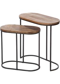 Beistelltisch Gilde "2er Set Beistelltisch oval Camara", braun (naturfarben, schwarz, schwarz, natur), B:30cm H:60cm T:60cm, 50% Mangoholz; 50% Eisen, Tische, Beistelltisch, Wohnzimmer, Ablagetisch, Sofatisch, Beistellm&ouml;bel, Interior