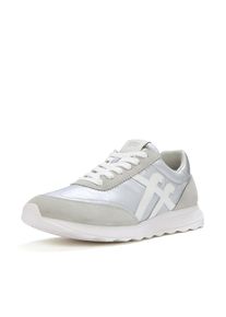 Sneaker fitflop "RETRO-Q FF METALLIC-FABRIC/SUEDE SNEAKERS", Damen, Gr. 43, wei&szlig; (silberfarben, wei&szlig;), Leder, Textil, Veloursleder, Schuhe Sneaker, Freizeitschuh, Halbschuh, Schn&uuml;rschuh mit Low Profile Sohle