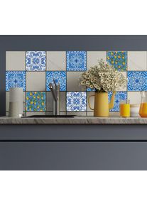 Fliesenaufkleber queence "Blaue Ornamente mit Zitronen", bunt (wei&szlig;), B:15cm H:15cm T:0,2cm, Fliesenaufkleber, Fliesenaufkleber, selbstklebend, 12er Set