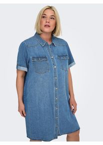 Jeanskleid Only CARMAKOMA "CARLISA S/S DNM DRESS GUA NOOS", Damen, Gr. 46, N-Gr, blau (medium blau denim), Denim/Jeans, Obermaterial: 90% Baumwolle, 10% Viskose, unifarben, regular fit normal, Aufschlag, Kleider Jeanskleid, Baumwollmischung, regular fit
