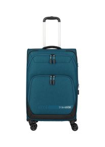 Trolley Travelite "KICK OFF Reisekoffer", Damen, Gr. B/H/T: 41cm x 67cm x 27cm 69 l, blau (petrol), Polyester, Koffer Trolley, 4 Doppelrollen, Au&szlig;entaschen und Packgurte &ndash; leicht und robust