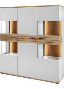 Vitrine "Quincy", wei&szlig; (lichtgrau), B:134,8cm H:154,6cm T:40cm, Glas, Holzwerkstoff, MDF, Melamin, SET ONE BY Musterring, Schr&auml;nke, Vitrine, Mit 4 Glasausschnitten und LED, in 2 Farben erh&auml;ltlich, 134,8 cm