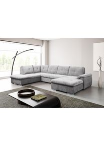 Wohnlandschaft WERK2 "Arena 339 x 220 cm modern und bequem", grau, B:339cm H:97cm T:220cm, 100% Polyester, Sofas, Wohnlandschaft, U-Form, XXL, Schlaffunktion, Bettkasten