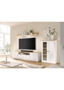 Wohnwand OTTO HOME "Brest, Anbauwand im Landhausstil, Komplettset, Wohnzimmer-Set", wei&szlig; (wei&szlig; matt, eiche ge&ouml;lt dekor), B:293cm H:170cm T:43cm, Holzwerkstoff, Kastenm&ouml;bel-Sets, Wohnwand, enth&auml;lt Vitrine, Lowboard + Wandboard