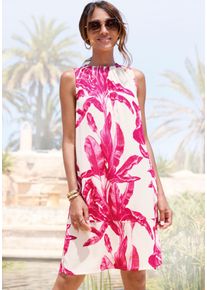 Druckkleid Lascana "mit sommerlichem Allover-Print aus Webware", Damen, Gr. 34, N-Gr, pink (creme, pink bedruckt), Web, Obermaterial: 100% Viskose, bedruckt, figurumspielend knieumspielend, Rundhals, Kleider Druckkleid, modisches Sommerkleid, lockere Strandkleid, Kleid in lockerer Form, Topseller