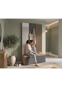 Garderobenpaneel Home Affaire "LANDUVA Garderobe mit Schuhschrank, Spiegel und Haken, Breite 120 cm", grau (eiche artisa, grau), B:120cm H:202cm T:34cm, Holzwerkstoff, Garderobenpaneele, Garderobenpaneel, Garderoben-Set, Kompaktgarderobe, mit Sitzbank, Lamellen Design, Topseller