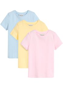 T-Shirt bonprix, M&auml;dchen, Gr. 128/134, bunt (kristallrosa, eisblau, hellgelb), Obermaterial: 100% Baumwolle, regular fit, Shirts T-Shirt, mit Rundhalsausschnitt, Kurzarm-Design, gerader Schnitt, im 3er Pack