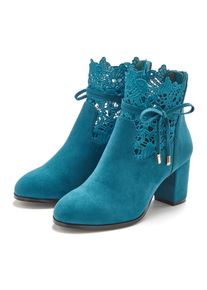High-Heel-Stiefelette Lascana "Herbststiefelette, Ankle Boot, Stiefel", Damen, Gr. 36, petrol, Obermaterial: 100% Textilmaterial. Decksohle: 100% Lederimitat. Futter: 100% Textilmaterial. Laufsohle: 100% Synthetik, unifarben, festlich, Schuhe High-Heel-Stiefelette, mit modischer Spitze und bequemen Blockabsatz, Topseller